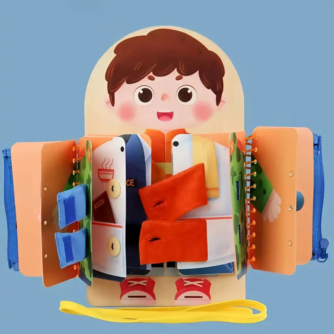 Busy book for fine motor skills with buttons, buckles and zips – colourful Montessori toy designed like a child figure to practise dressing skills through play.