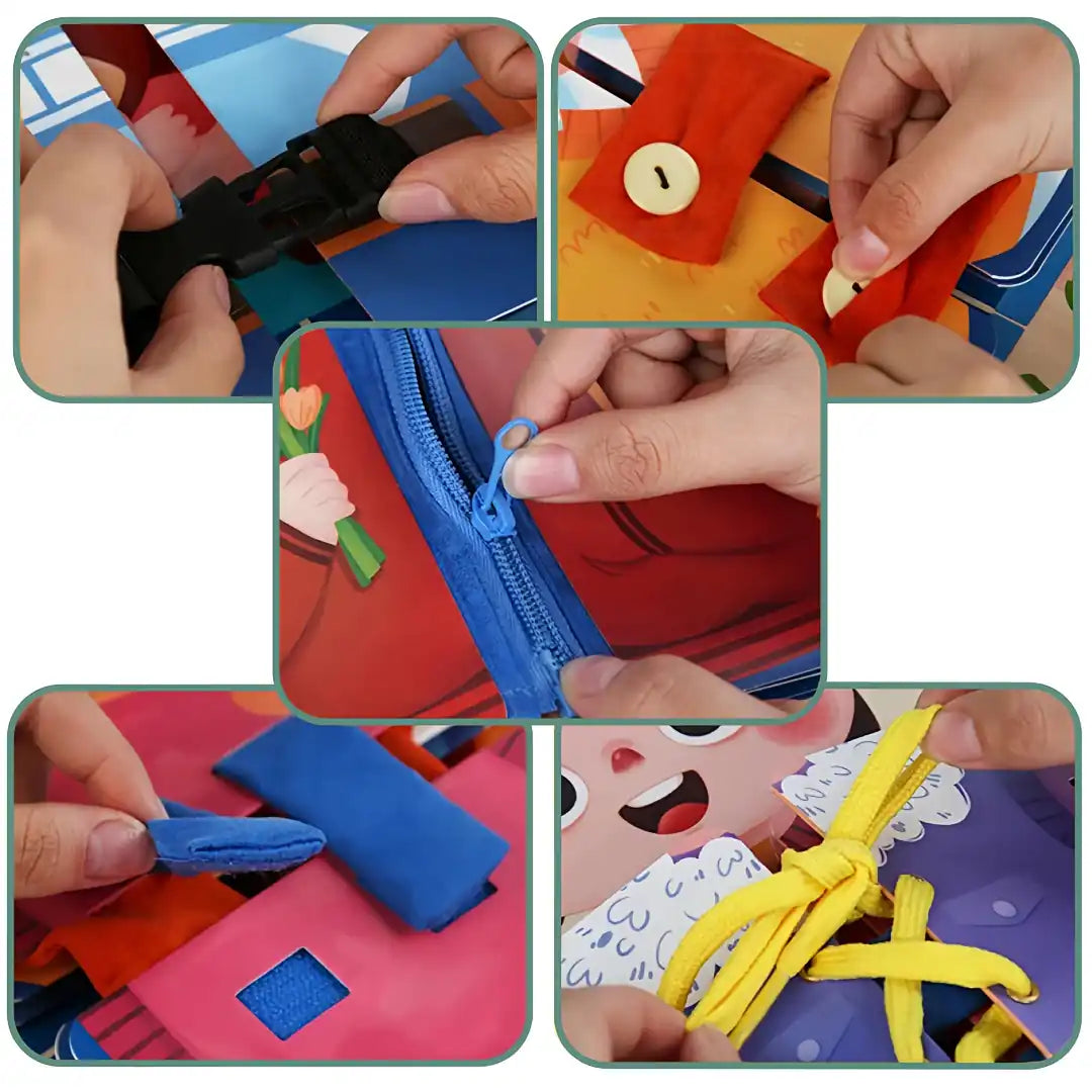Close-up of hands practising real-life skills with BusyTots quiet book – including buckles, buttons, zips, velcro and shoelaces for fine motor training.