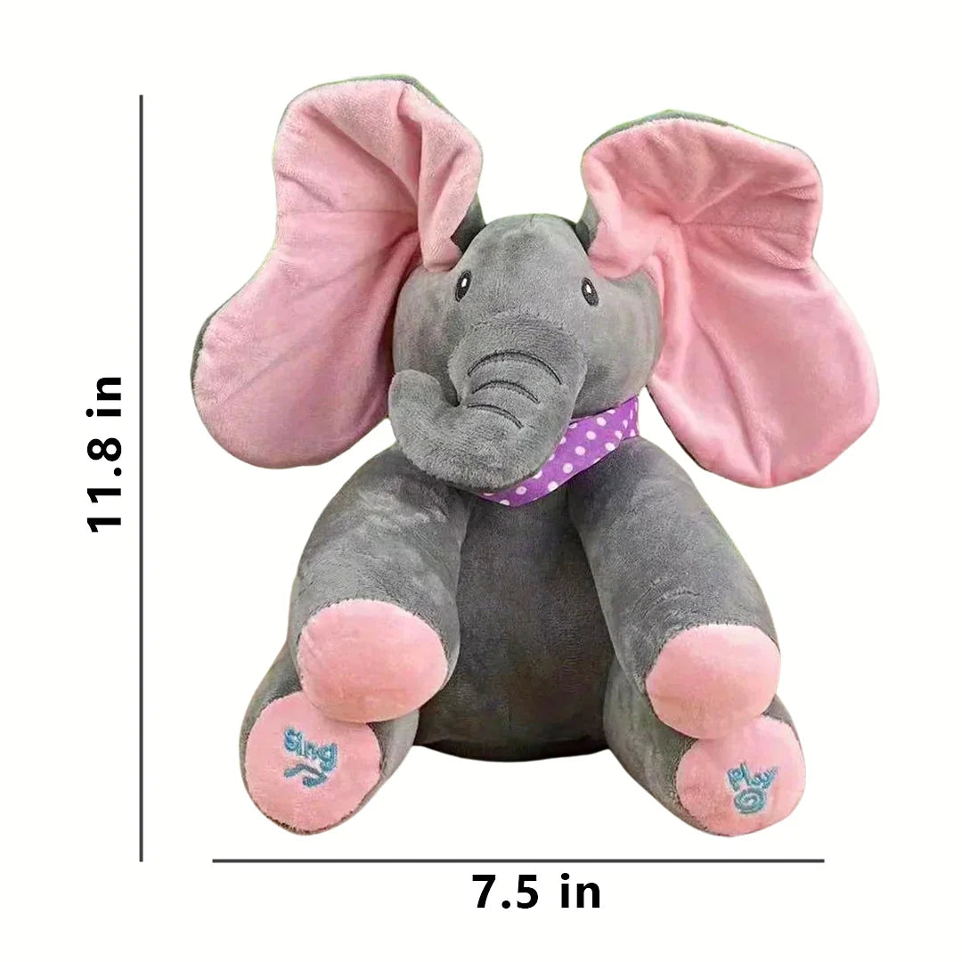 Soft grey elephant plush toy with pink ears and feet, measuring 11.8 inches tall and 7.5 inches wide – features embroidered 'sing' and 'play' buttons for interactive baby fun.