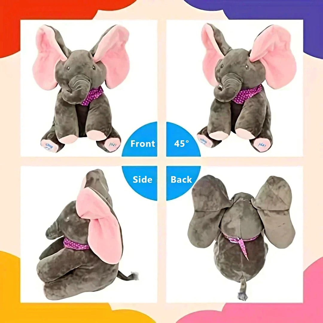 Plush Cuddlephant soft toy shown from front, angled, side, and back views – interactive elephant with pink ears, musical features and peek-a-boo motion for baby sensory play.