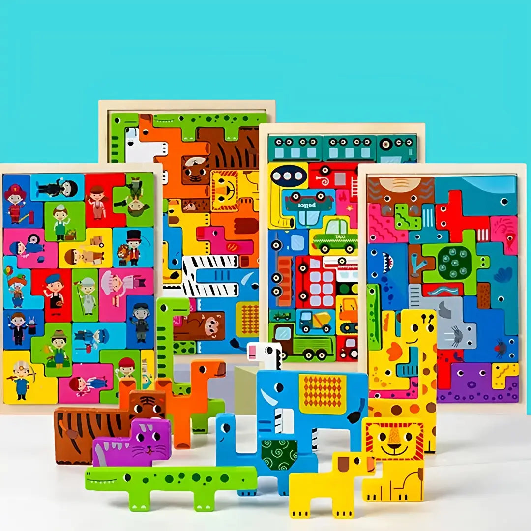 Chunky wooden animal puzzle with colourful safari creatures, designed to boost fine motor skills, logic and spatial thinking through play.