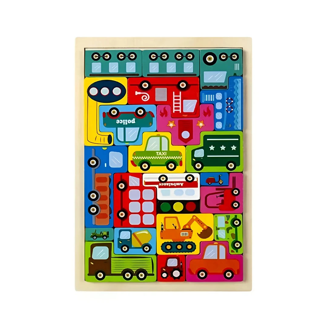 Wooden vehicle puzzle featuring colourful cars, trucks, emergency vehicles and construction machines – promotes fine motor skills, transport vocabulary and problem-solving through play.