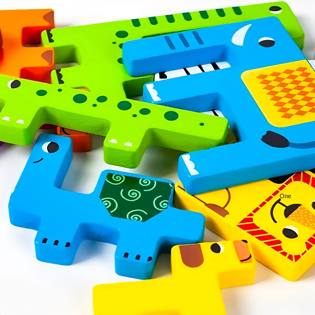 Close-up of chunky wooden animal puzzle pieces in bright colours, ideal for boosting fine motor skills, focus and early logic through hands-on play.