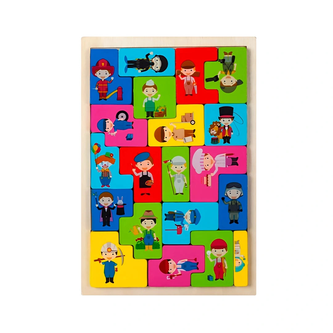 Wooden puzzle featuring colourful illustrations of different professions – supports role play, career exploration and fine motor skills in early learning.