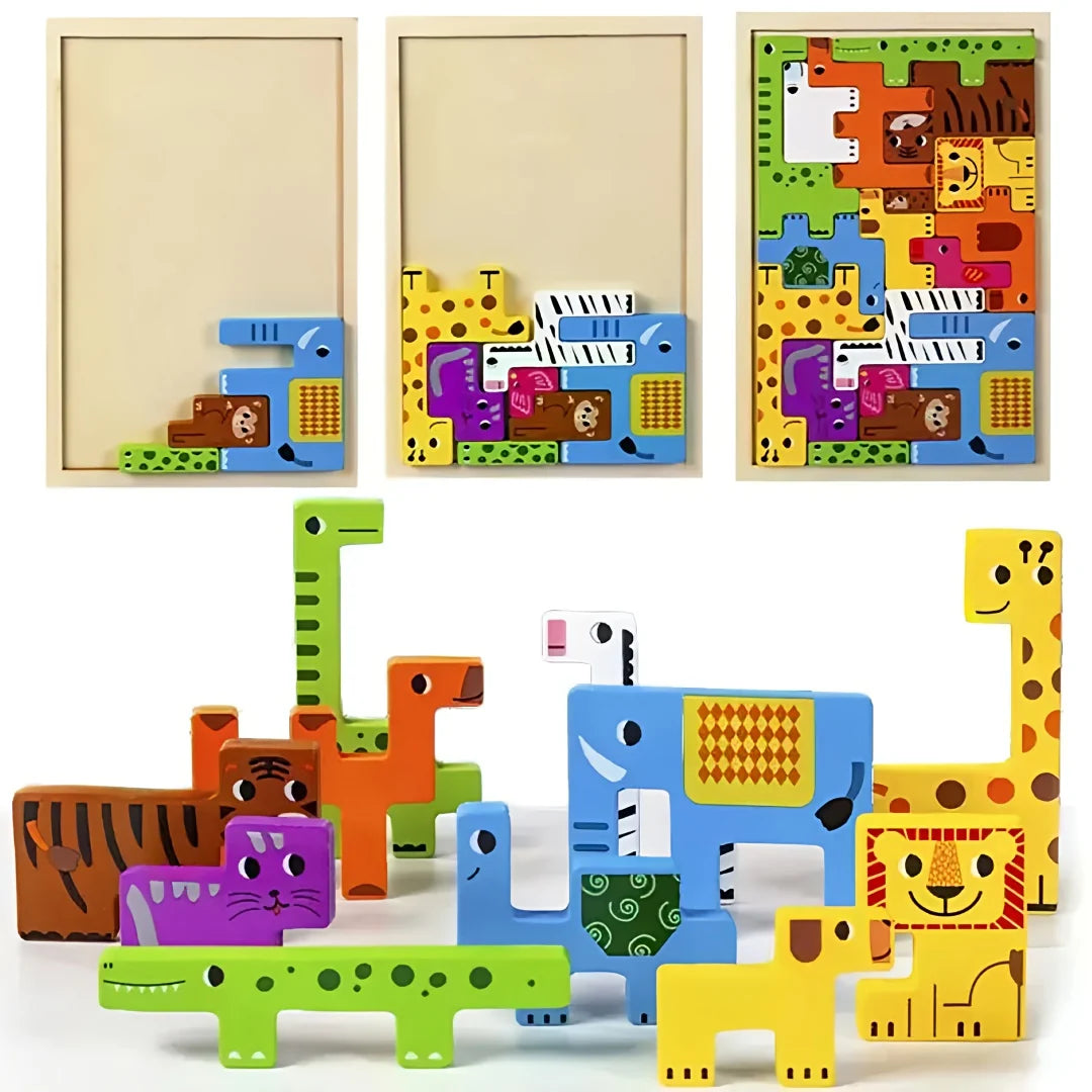 Wooden animal puzzle starter level – colourful jungle shapes in a tray, perfect for toddlers to practise fine motor skills.
Progressive wooden puzzle with animal pieces – children building spatial awareness and logic step by step.
Completed jungle-themed wooden puzzle – vibrant animal shapes fitted together, supporting concentration and problem-solving.
Animal-shaped wooden puzzle pieces – colourful jungle animals standing upright, great for imaginative and motor skill play.
