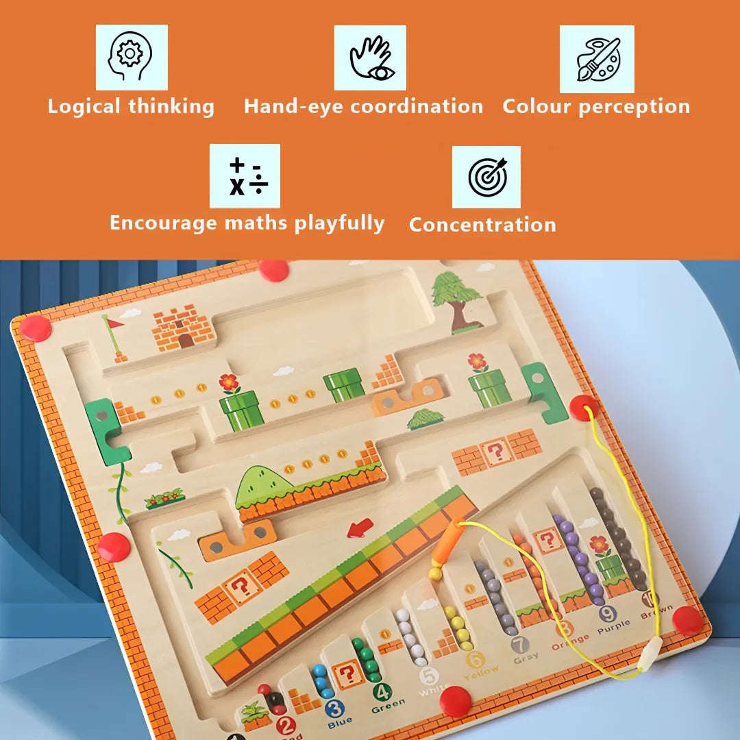 Educational magnetic maze board for children with colour sorting and number matching – supports logical thinking, concentration, colour perception and early maths skills.