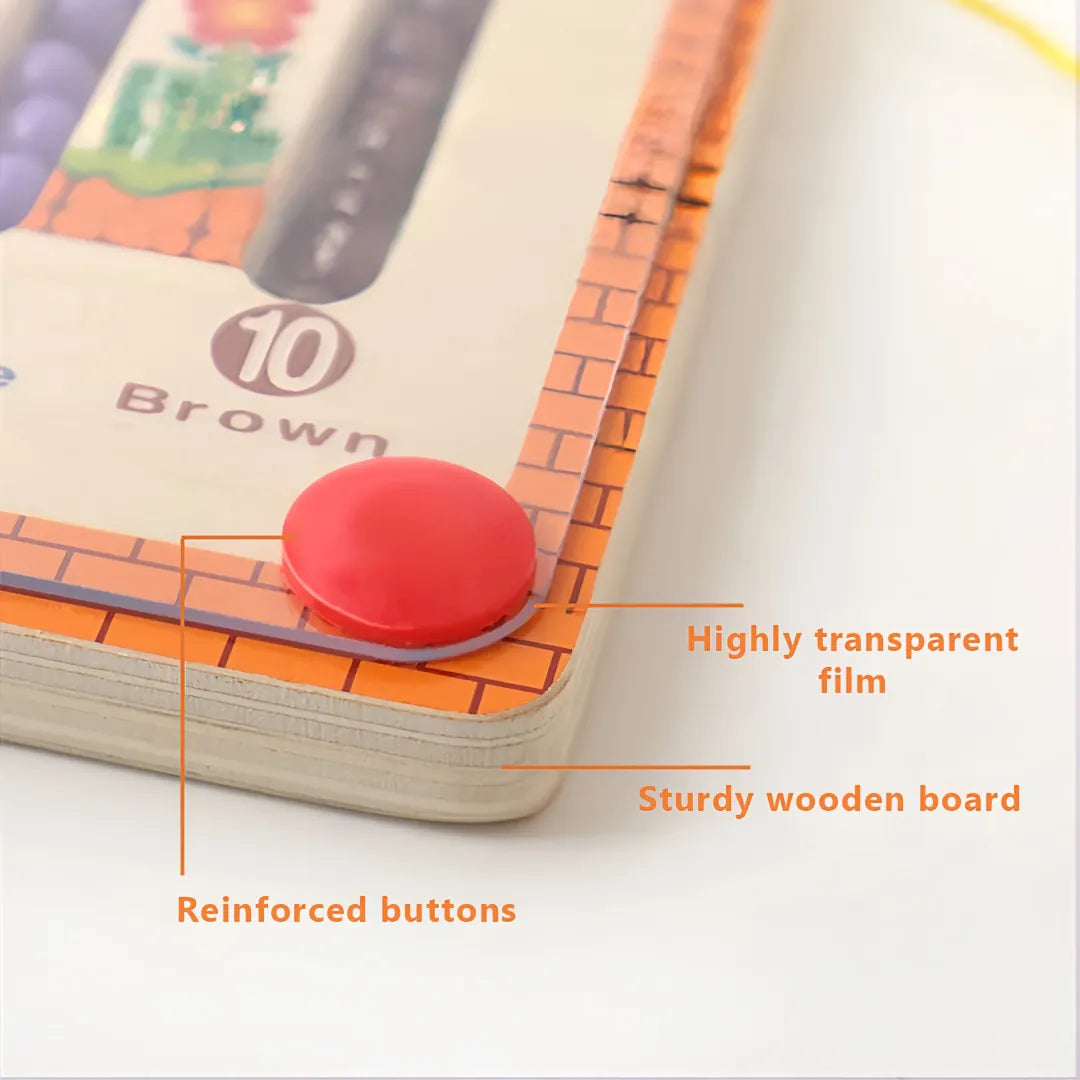 Close-up of MagneticMaths maze board showing durable wooden construction, reinforced buttons and clear protective film – built for safe and lasting play.