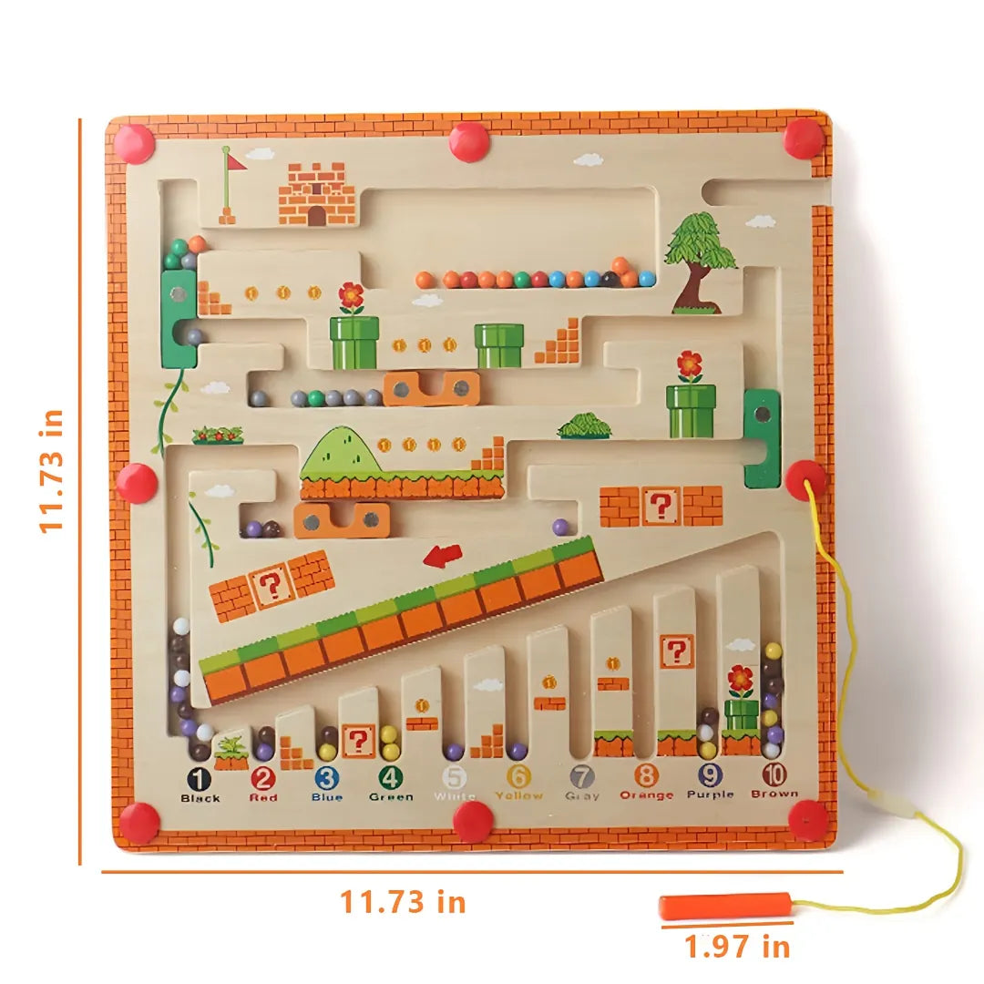 Square wooden magnetic maze board with colourful balls and stylus, designed for number recognition, colour matching and fine motor development – 11.73 inches wide.