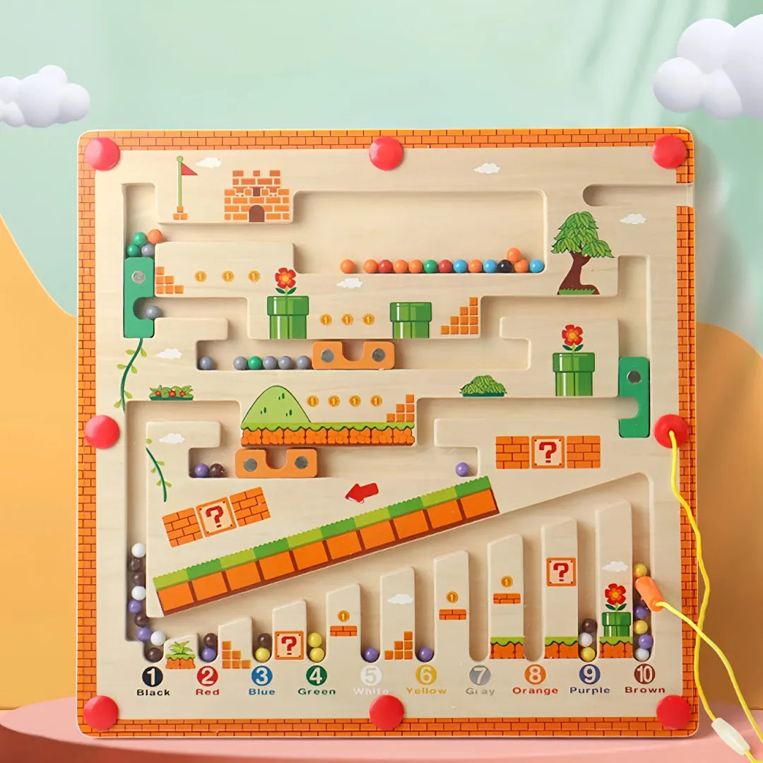 Wooden magnetic maze game inspired by retro platform worlds – encourages colour recognition, logic and fine motor skills through hands-on magnetic play.