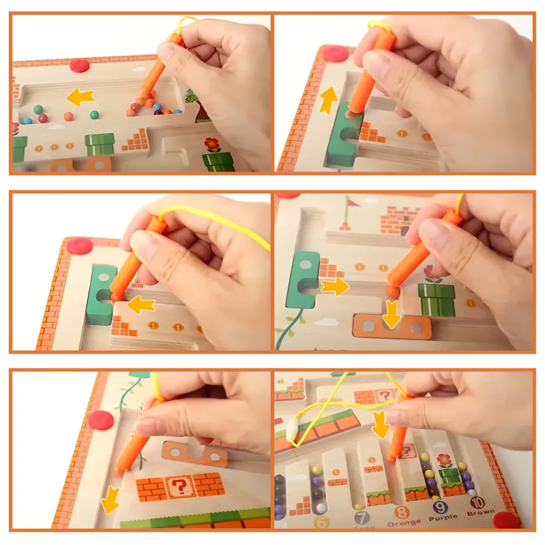 Step-by-step view of child guiding magnetic balls through a wooden maze board using a stylus – promotes hand-eye coordination, colour sorting and logical thinking.