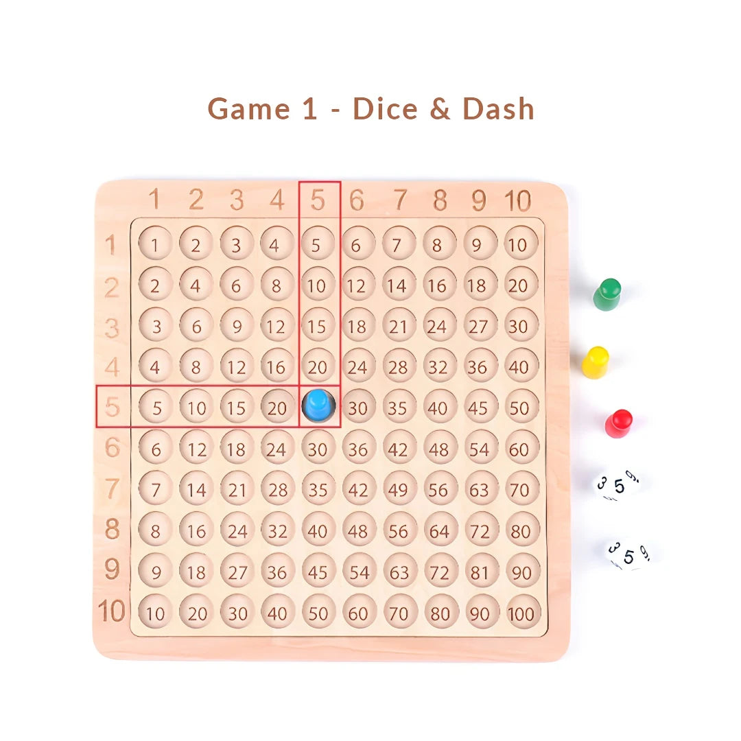 Wooden multiplication grid showing Game 1 Dice & Dash with dice, coloured pegs and learning-friendly design.