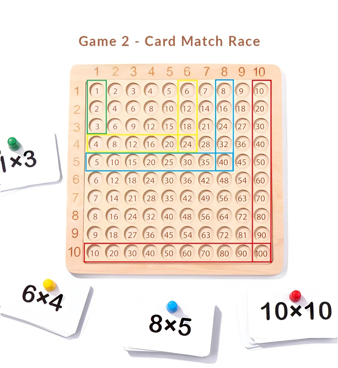 Game 2 Card Match Race on wooden multiplication board with coloured pegs and matching flashcards.