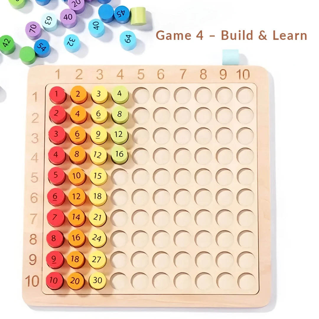 Build & Learn multiplication activity with wooden grid and colourful number tiles for visual and tactile maths learning.