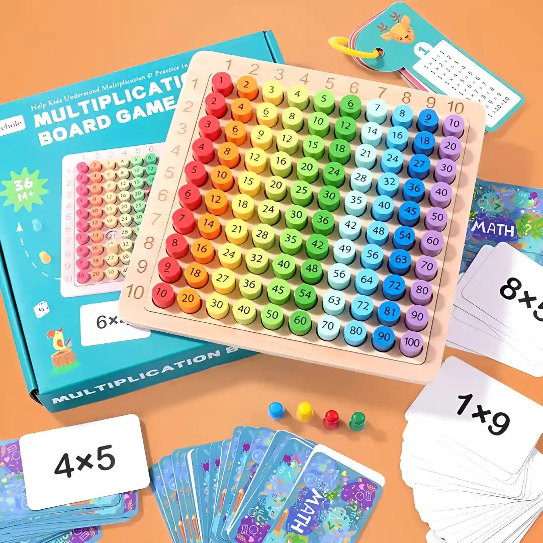 Colourful multiplication board game set with wooden number grid, flashcards and dice – learn times tables through play.