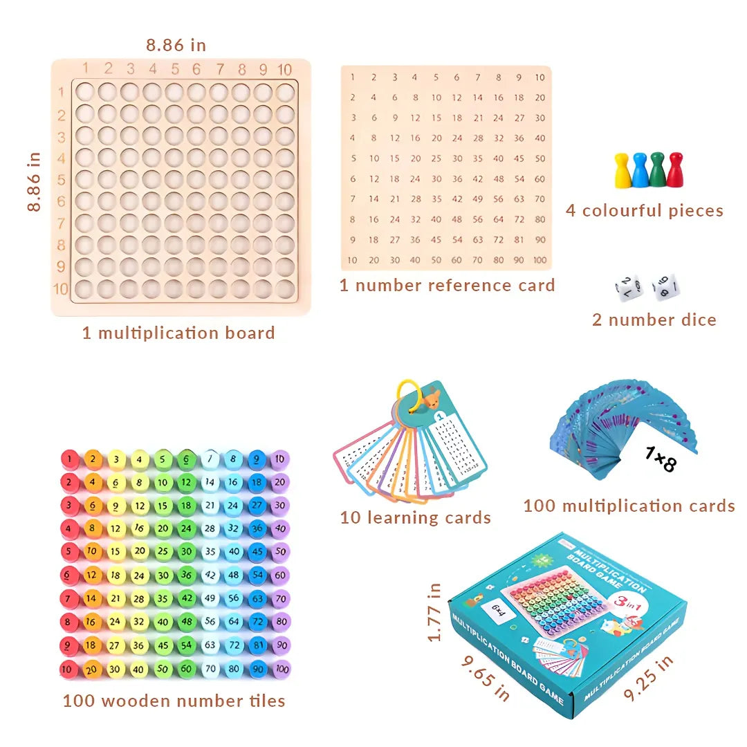 Complete Multiplay times tables set including 100 colourful wooden number tiles, multiplication board, dice, flashcards, and game pieces – all in one educational box.