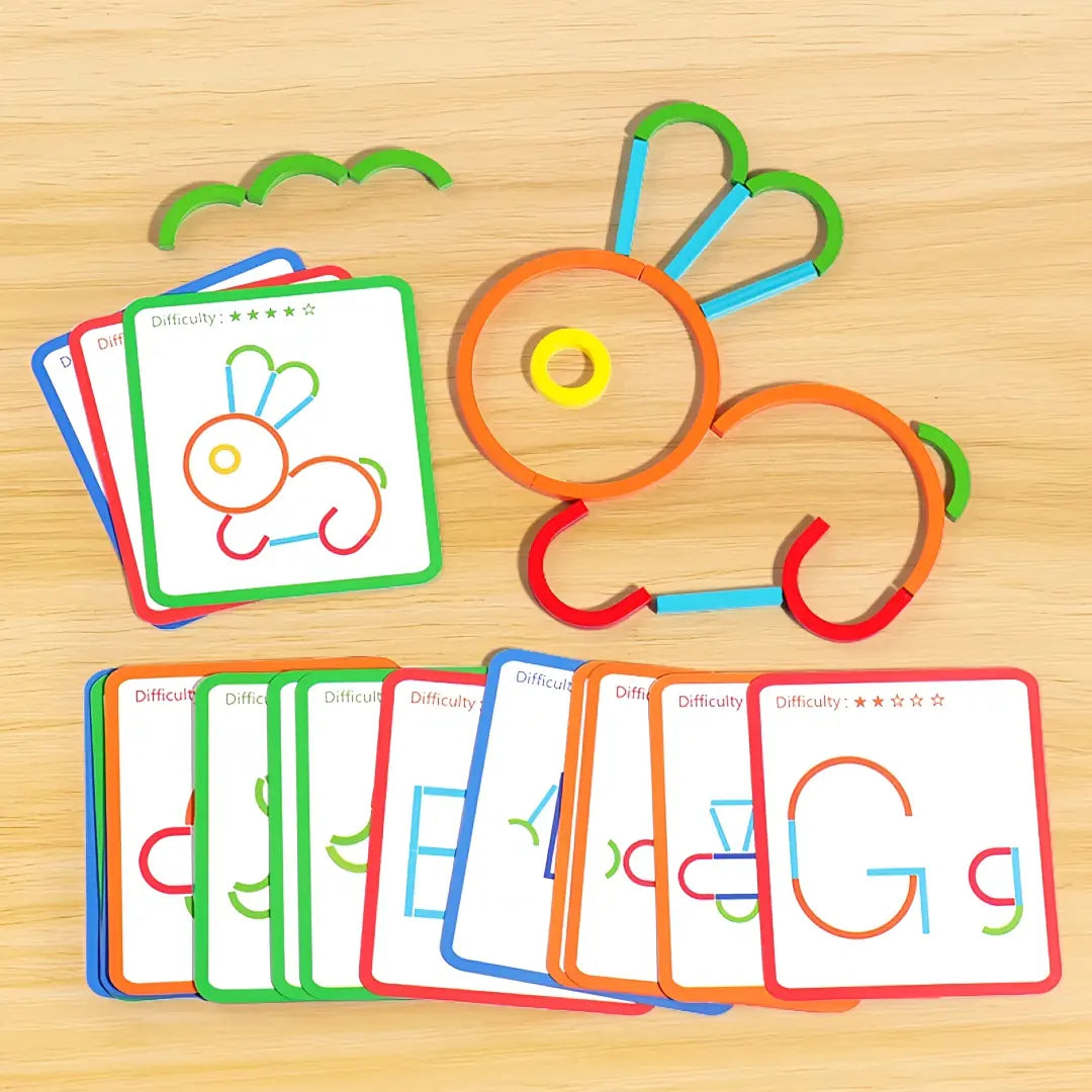 ShapeCraft bunny design made from colourful pieces with activity cards for letter and shape building on wooden surface
