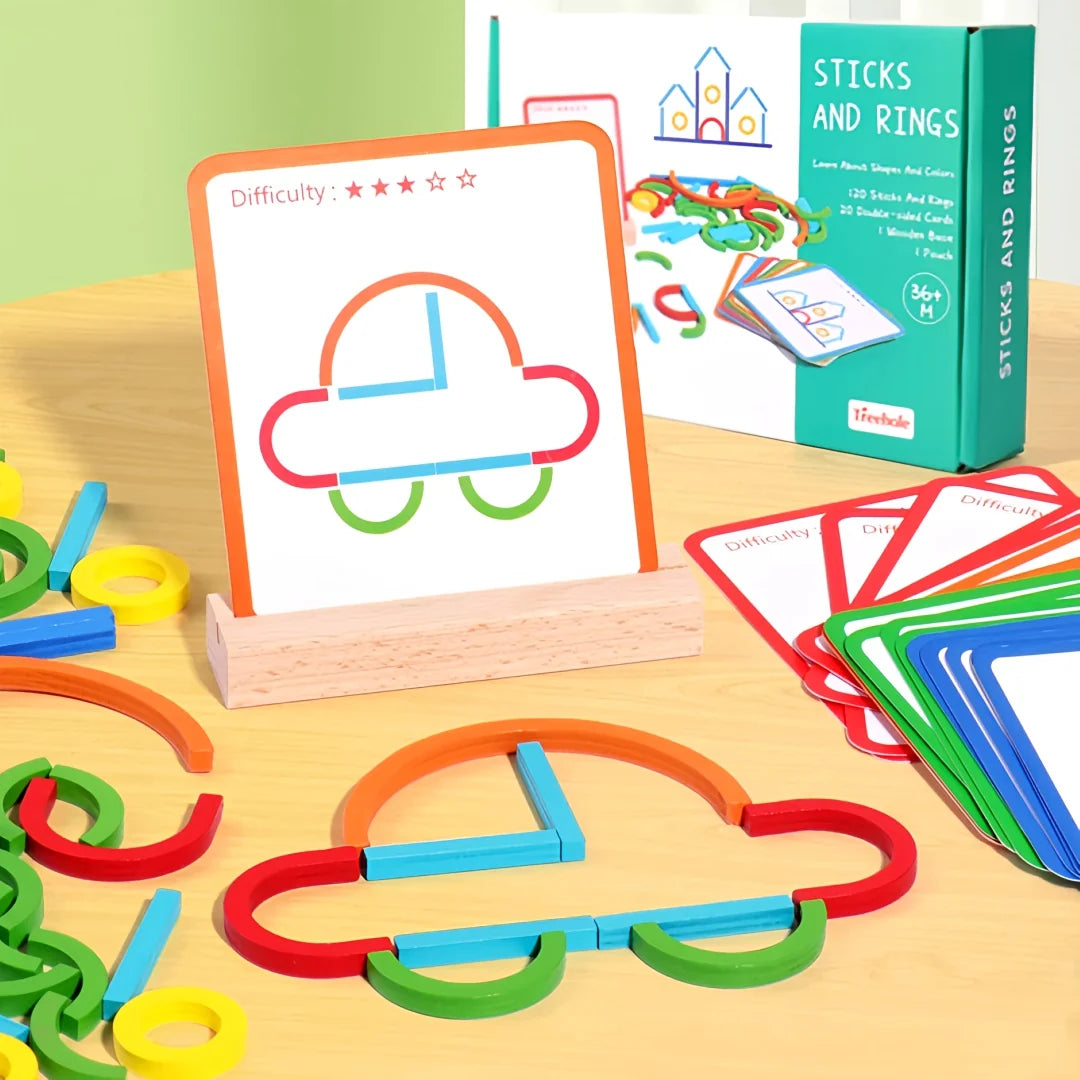 Colourful wooden shape pieces forming a car design with ShapeCraft activity card and box in the background