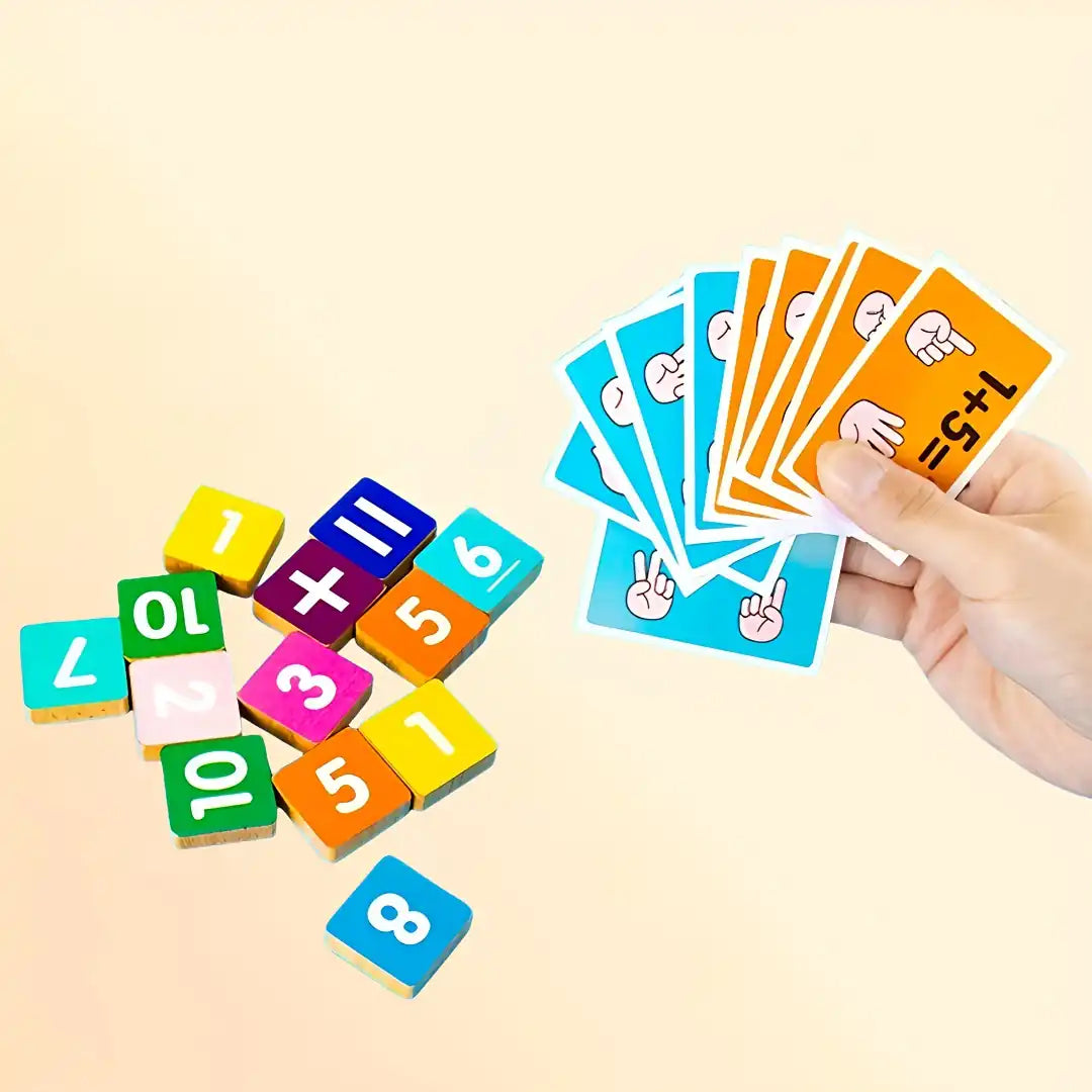 Colourful number tiles and illustrated activity cards from the TallyTots counting game, designed to teach basic maths through hands-on learning