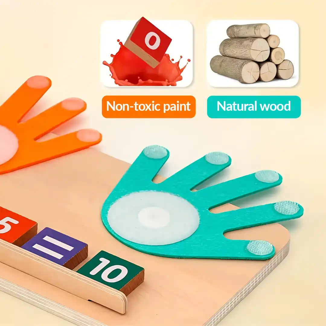 Close-up of TallyTots learning toy with felt hands and wooden number blocks – made from natural wood and non-toxic paint