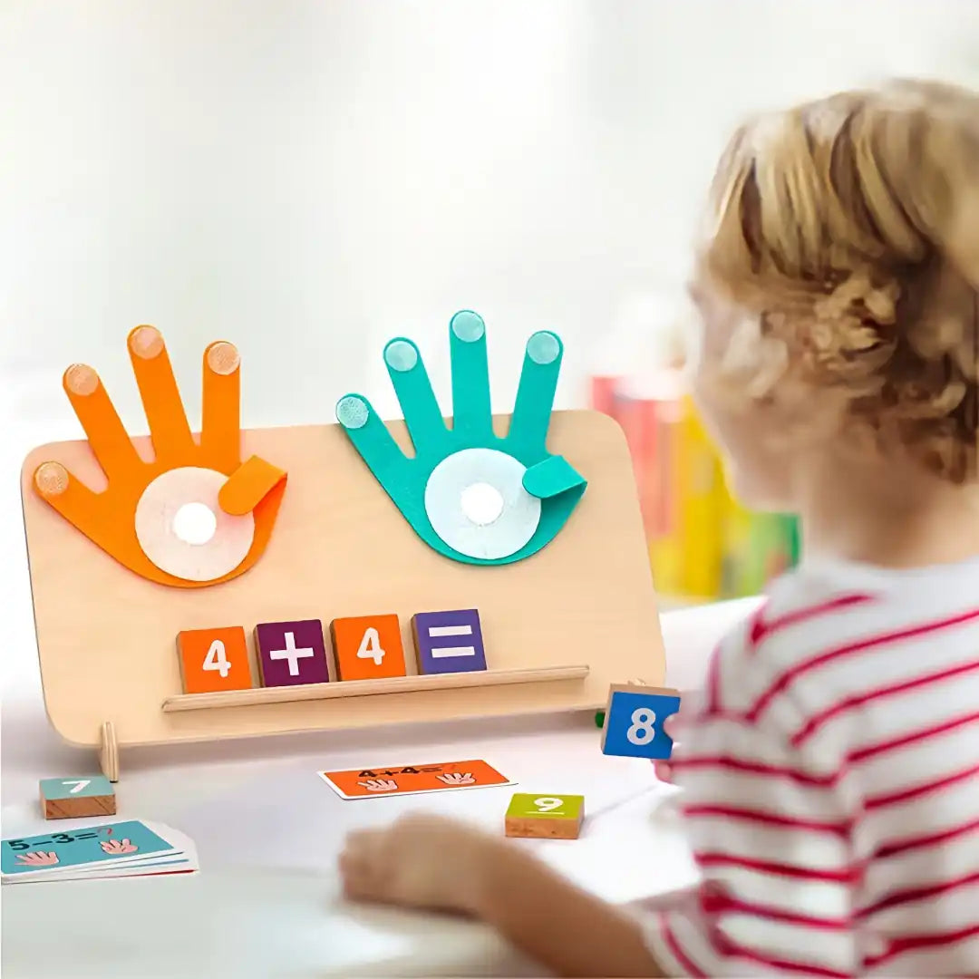 Child learning basic addition with wooden hand counting board – Montessori-inspired maths toy for number sense and hands-on learning