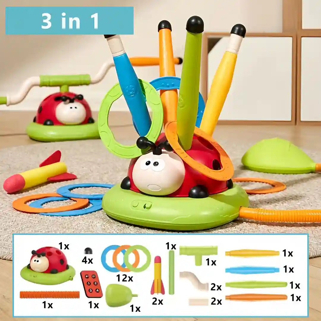 TripleTwist activity toy with measurements – includes ladybird base, spinning arms, rocket launcher and ring toss set for active indoor and outdoor play.