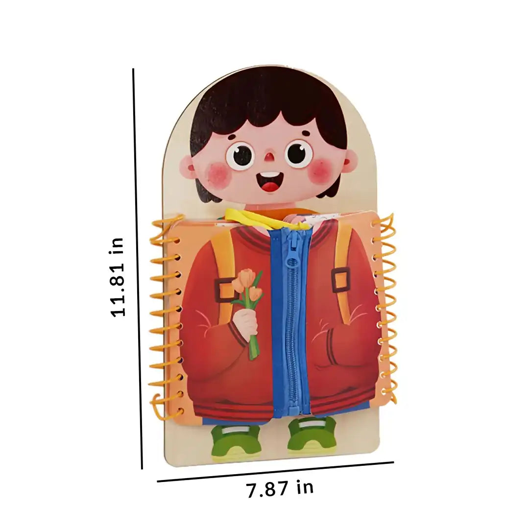 BusyTots quiet book – playful fine motor activity shaped like a child, measuring 11.81 x 7.87 inches, ideal for travel and independent learning.