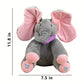 Soft grey elephant plush toy with pink ears and feet, measuring 11.8 inches tall and 7.5 inches wide – features embroidered 'sing' and 'play' buttons for interactive baby fun.