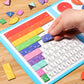 Child’s hand placing colourful magnetic fraction tile on comparison chart – ideal for learning fractions, percentages and decimals through visual, hands-on play with FractionHero.