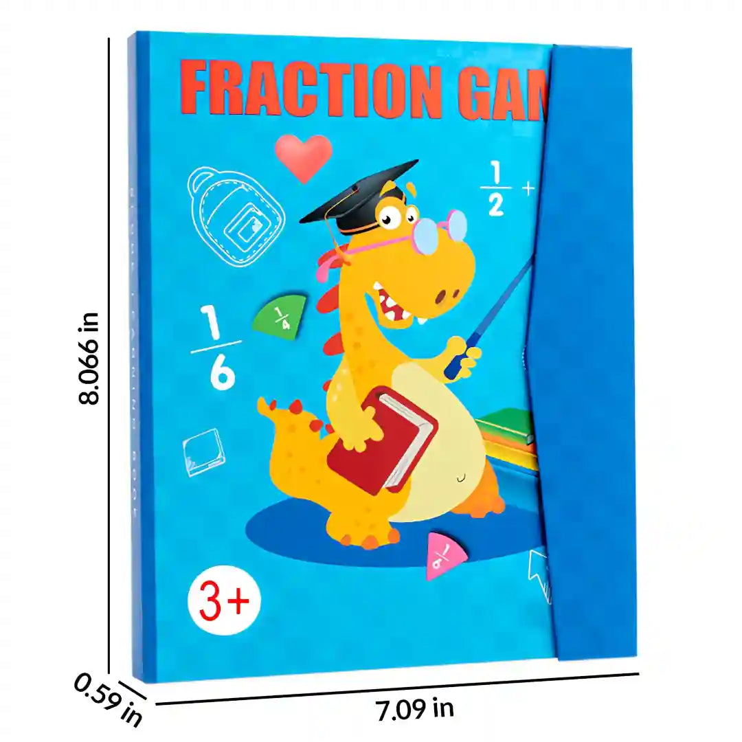Cover of the FractionHero book with cute dragon illustration and dimensions shown – magnetic maths set for learning fractions through play.