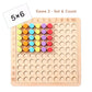 Multiplication game Set & Count on wooden board with colourful counters showing 5x6 grid for hands-on maths learning.