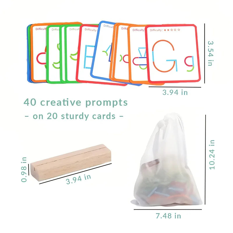 ShapeCraft set with 40 creative prompts on 20 cards, wooden stand and storage bag with measurements in inches