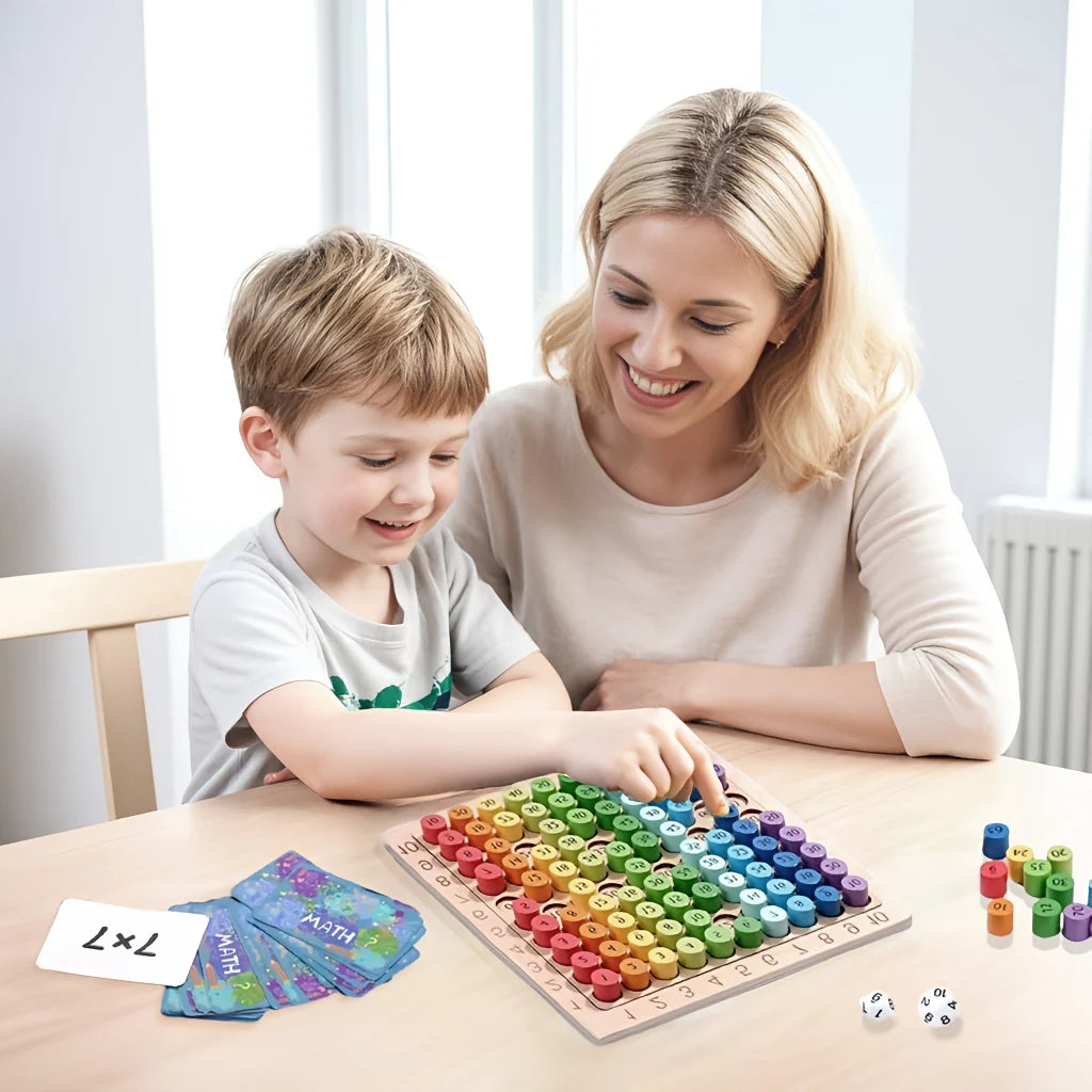 Child learning times tables with a colourful multiplication board, supported by a smiling parent – fun and hands-on maths learning at home.