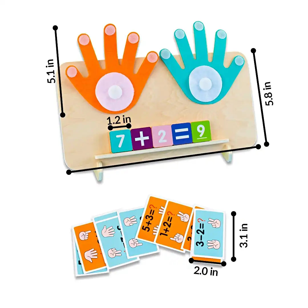 TallyTots maths board with felt hands and colourful number tiles, showing addition activity with size measurements and illustrated task cards for early number learning